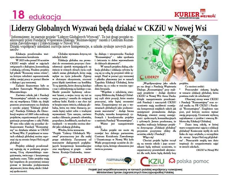 Informacja o projekcie na łamach lokalnej prasy